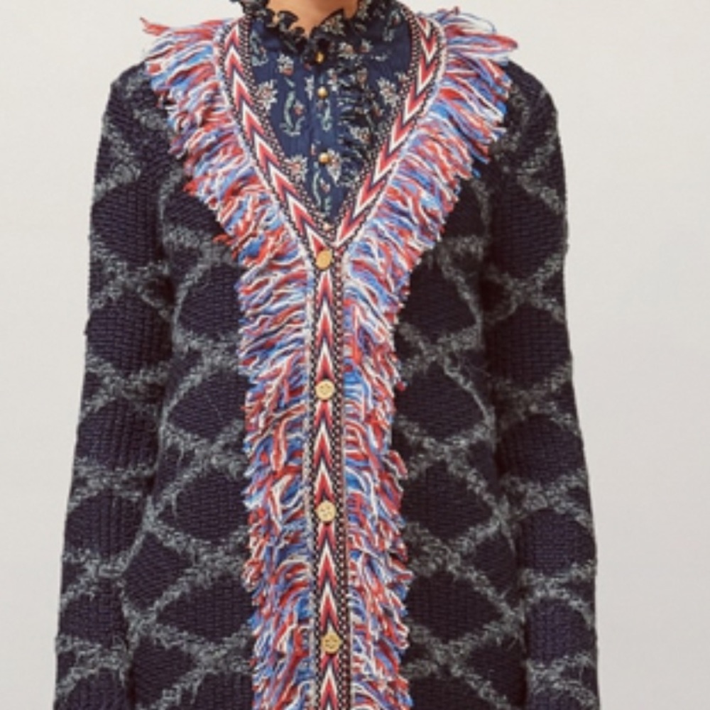 TORY BURCH TWEED TRIM LONG WOOL CARDIGAN WITH ALLOVER FRINGE IN TORY NAVY SIZE S - Picture 5 of 8